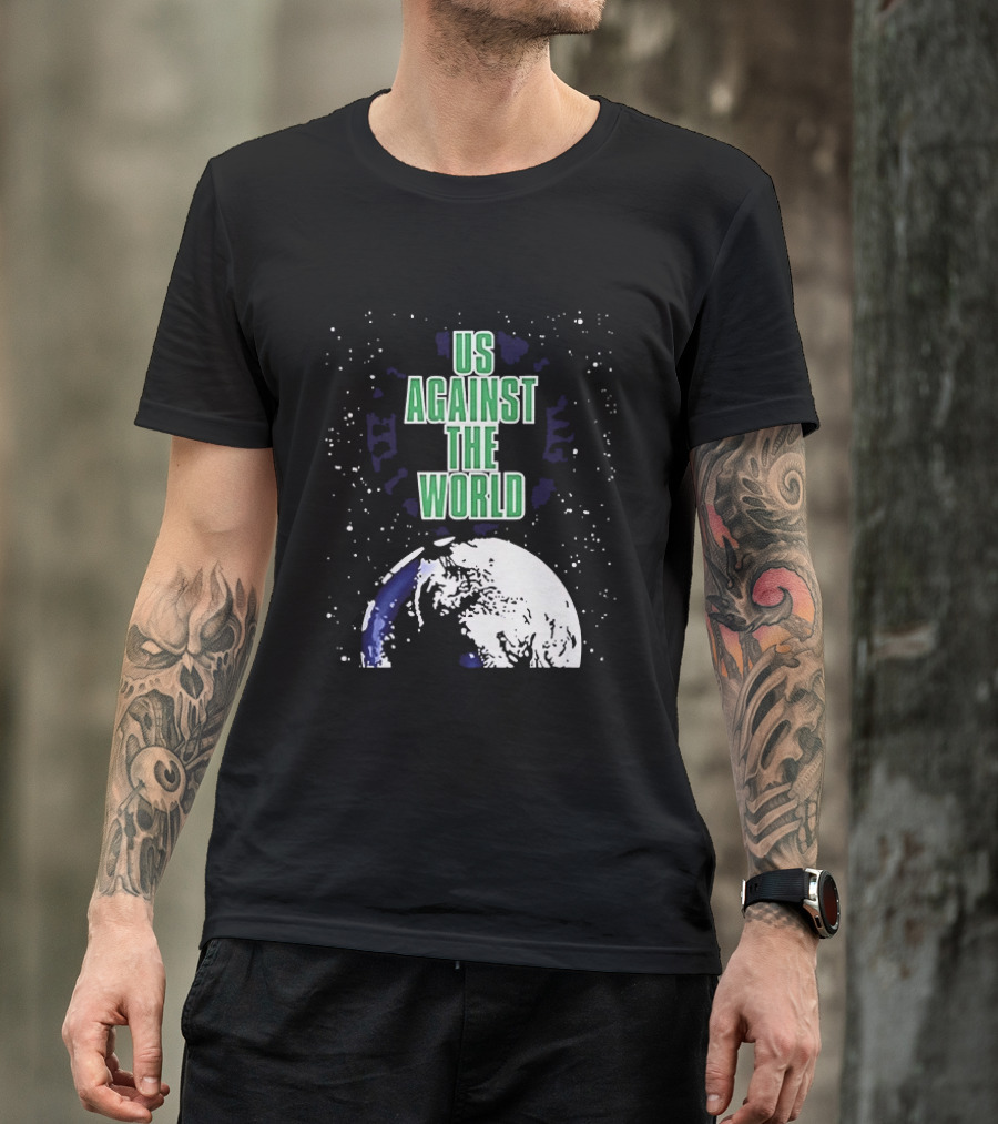 Boston Celtics Us Against The World Green Text Earth Motif T-Shirt