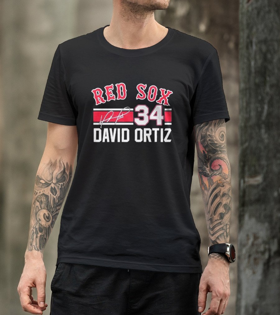 Red Sox MLB David Ortiz 34 White Stripes Distressed T-Shirt