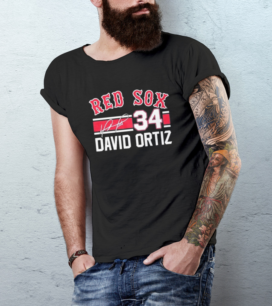 Red Sox MLB David Ortiz 34 White Stripes Distressed T-Shirt