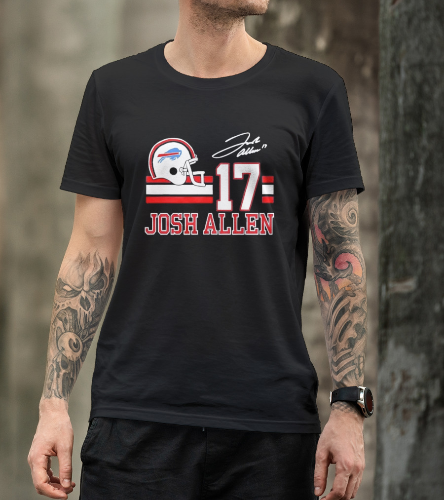 Josh Allen 17 Buffalo Bills Helmet Red Stripes Distressed T-Shirt