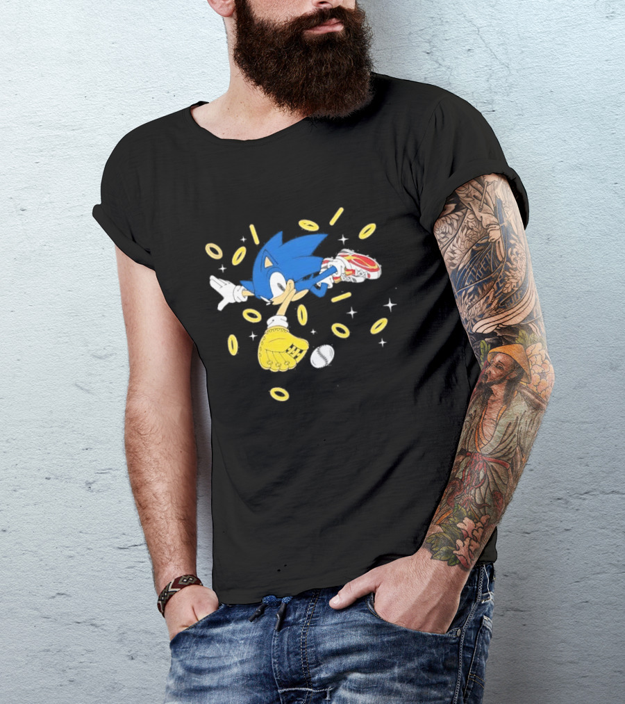 The Hedgehog Running Collecting Rings With Baseball Glove And Ball T-Shirt