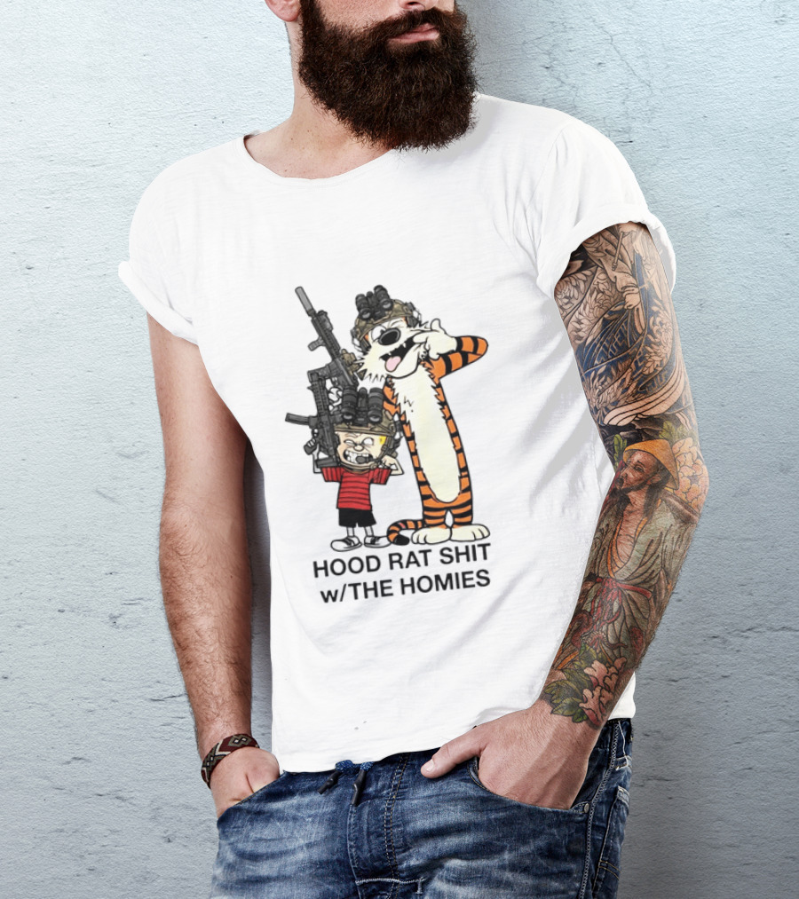 Calvin And Hobbes Hood Rat Shit W The Homies Rifle Helmets T-Shirt