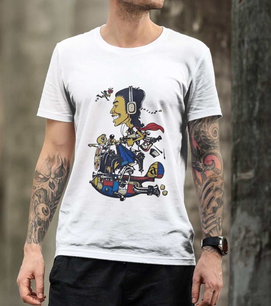 Cartoon Caricature Man With Headphones Riding Flying Rocket Airplane T-Shirt