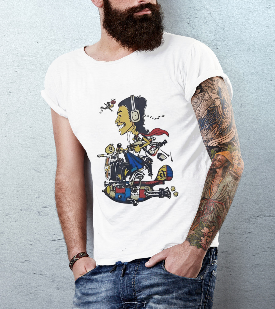 Cartoon Caricature Man With Headphones Riding Flying Rocket Airplane T-Shirt