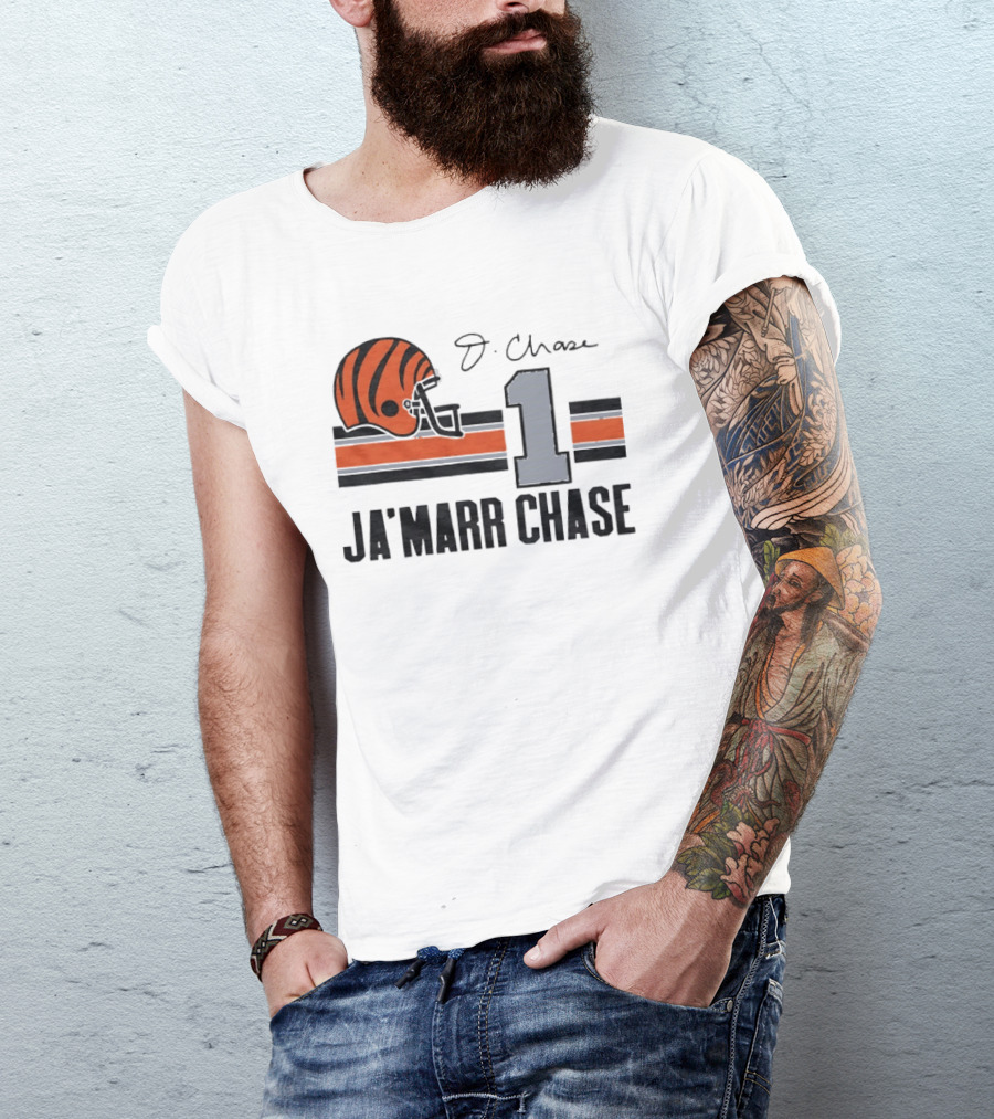 Cincinnati Bengals Ja'Marr Chase Helmet 1 J Signature Stripes Wood Texture T-Shirt