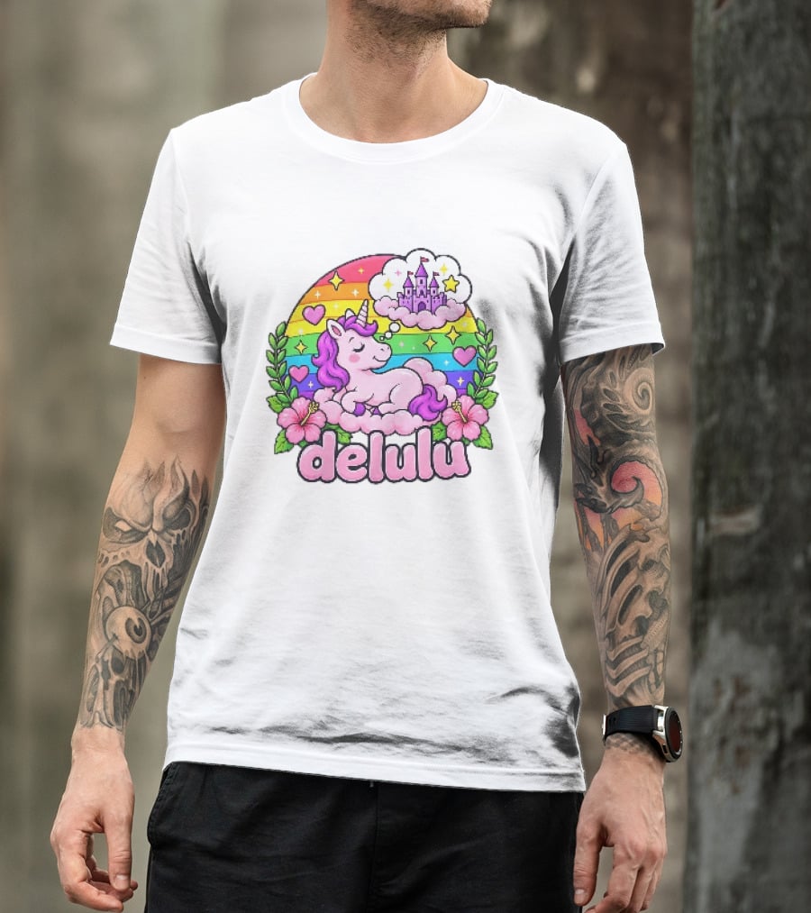 Delulu Unicorn Rainbow Castle Dreams With Colorful Heart Accents T-Shirt