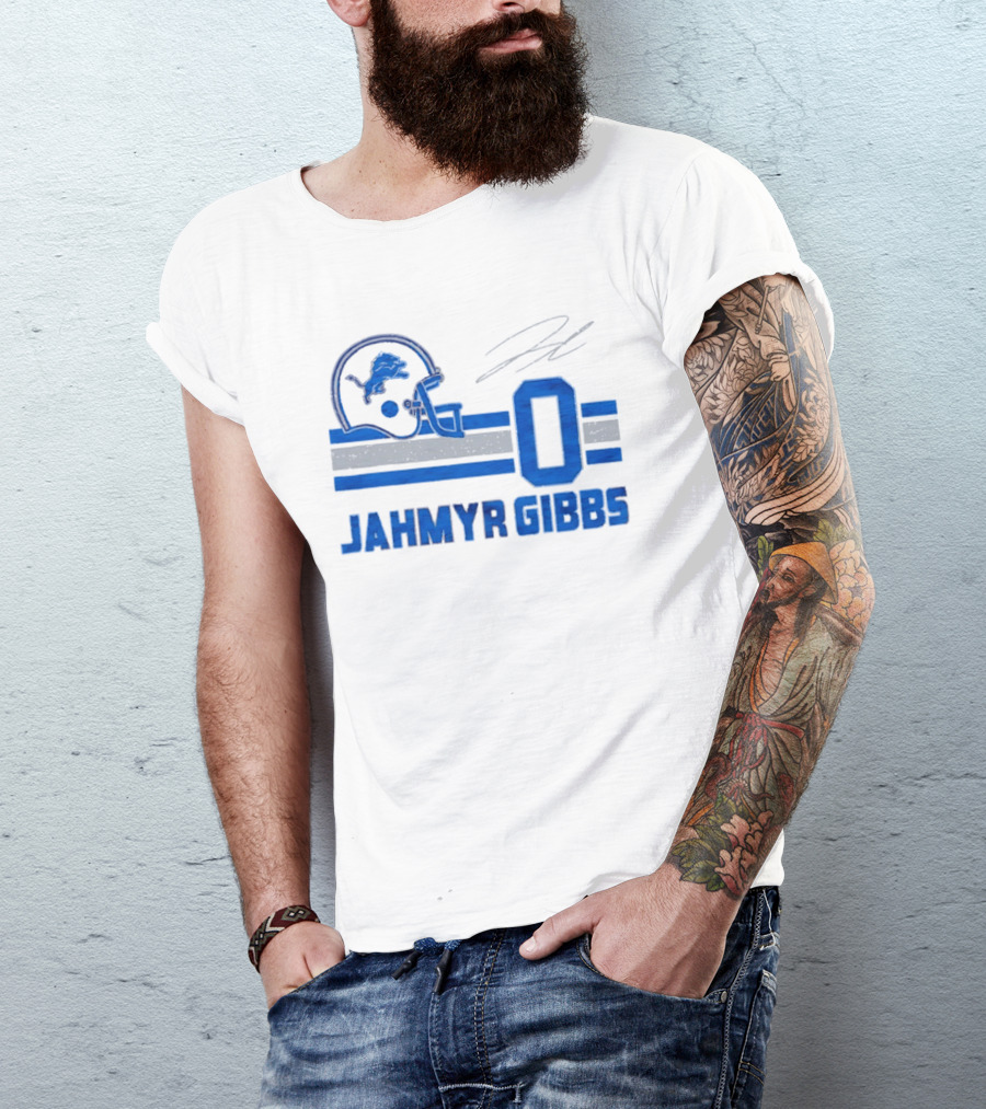 Detroit Lions Jahmyr Gibbs Zero Helmet Number Stripes Distressed T-Shirt