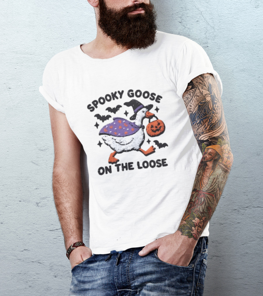 Spooky Goose On The Loose Halloween Embroidered T-Shirt