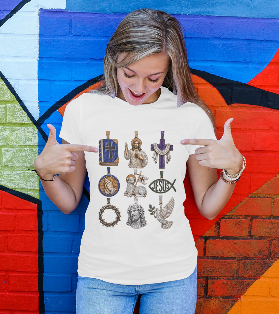 Jesus Cross Bible Lamb Fish Dove Crown Praying Hands Gemstone Pendants Collection T-Shirt