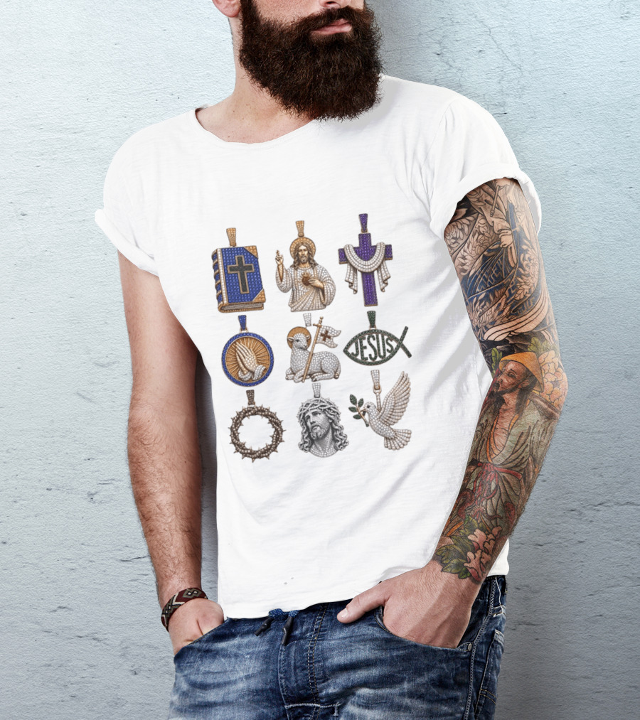 Jesus Cross Bible Lamb Fish Dove Crown Praying Hands Gemstone Pendants Collection T-Shirt
