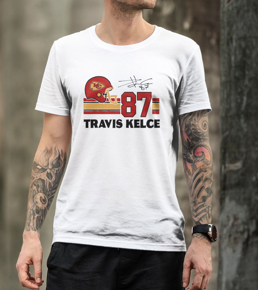 Kansas City Chiefs Travis Kelce 87 Red Gold Helmet Stripes T-Shirt