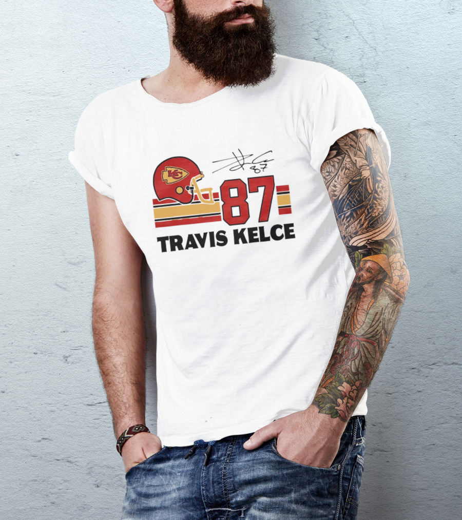 Kansas City Chiefs Travis Kelce 87 Red Gold Helmet Stripes T-Shirt