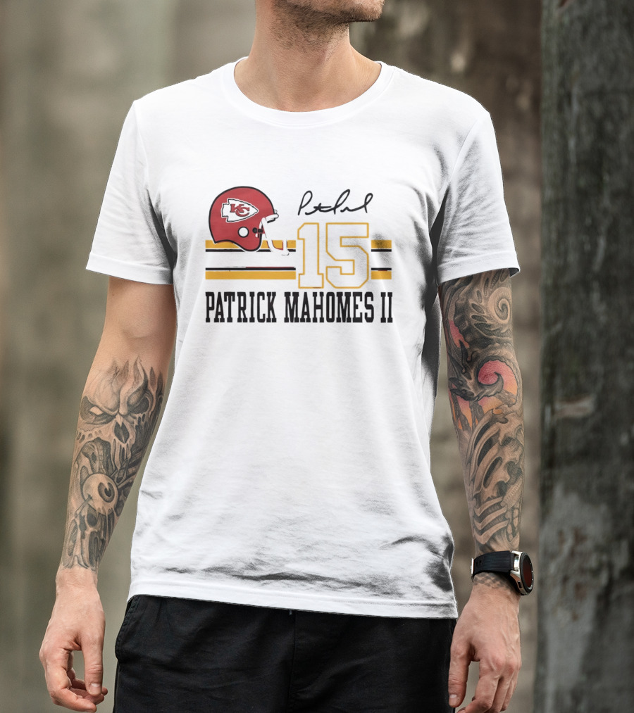 Kansas City Chiefs Patrick Mahomes II Number 15 Signature Football Helmet Stripes T-Shirt
