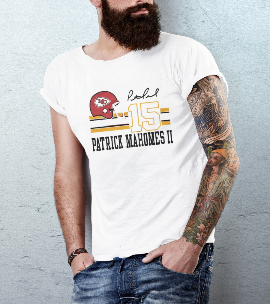 Kansas City Chiefs Patrick Mahomes II Number 15 Signature Football Helmet Stripes T-Shirt