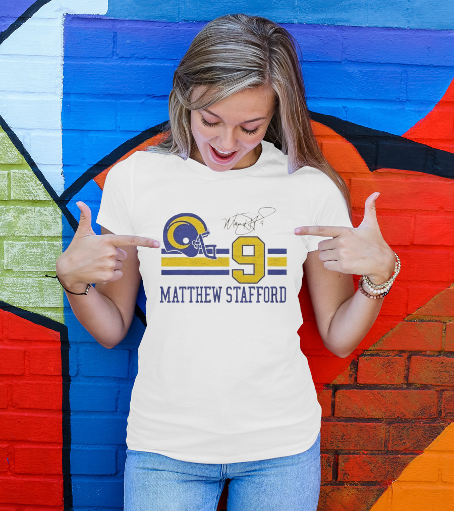 Los Angeles Rams Matthew Stafford Helmet Autograph Number 9 Blue Yellow Stripes T-Shirt