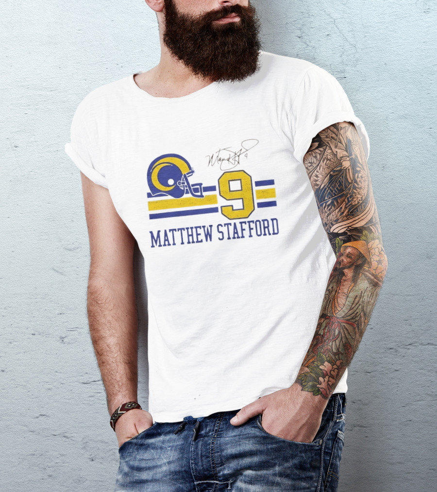 Los Angeles Rams Matthew Stafford Helmet Autograph Number 9 Blue Yellow Stripes T-Shirt