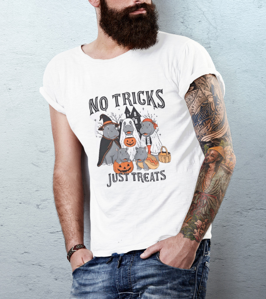 No Tricks Just Treats Hippos With Pumpkins Halloween Costumes T-Shirt
