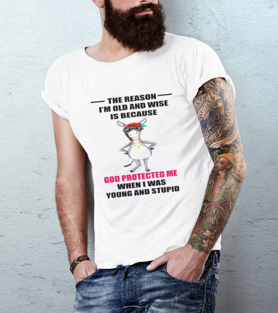 The Reason I'm Old And Wise God Protected Me When I Was Young And Stupid Cool Cow With Cap And Chains T-Shirt
