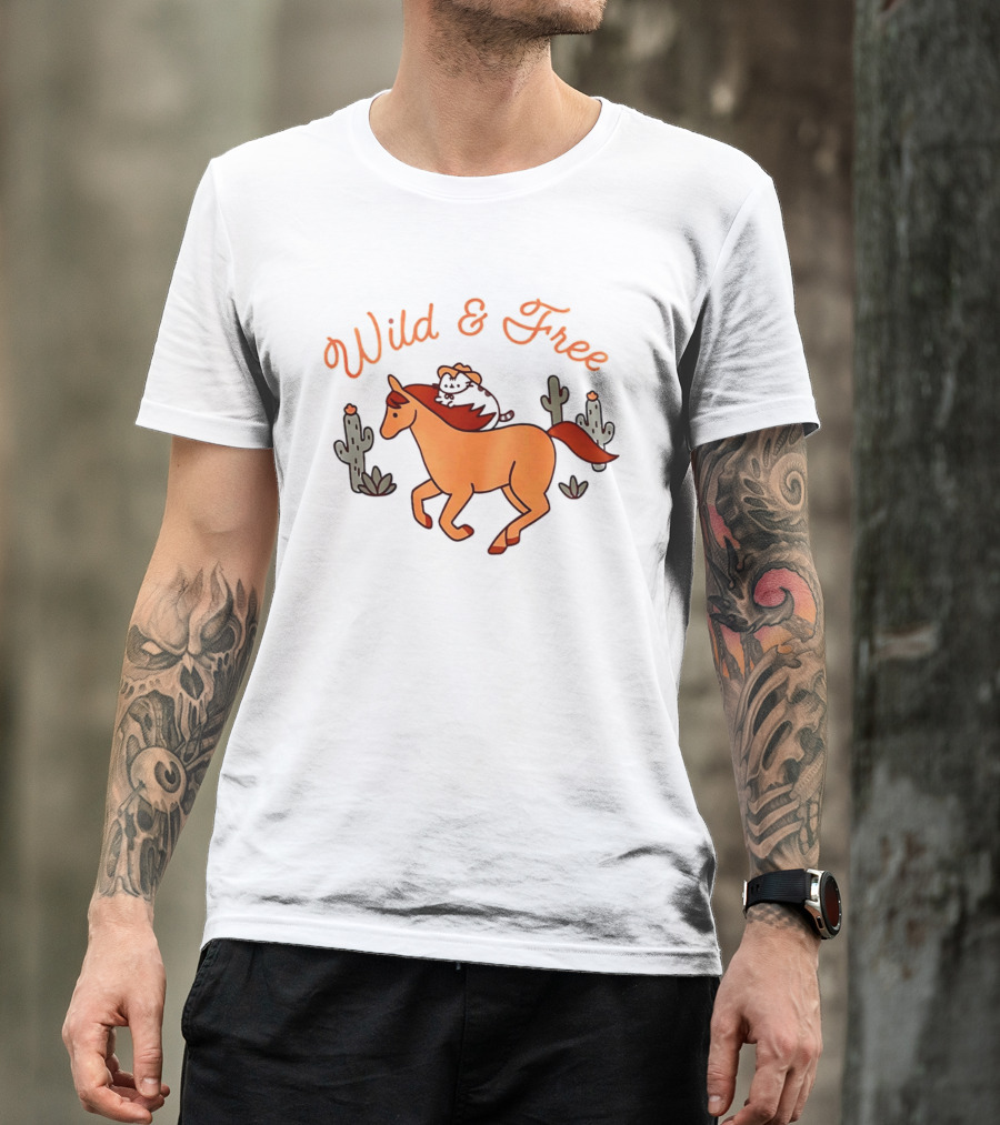 Wild And Free Cartoon Cowboy Cat Galloping Horse Cactus Scene T-Shirt
