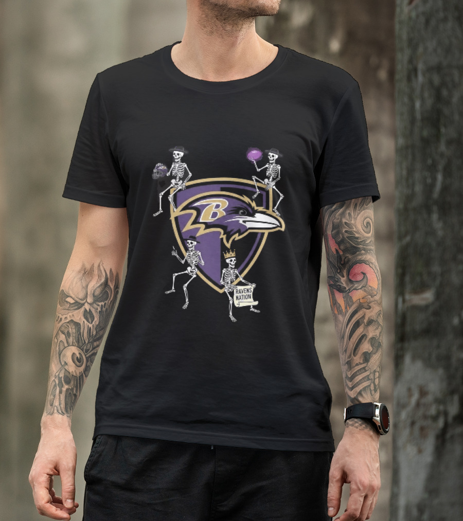 Baltimore Ravens Nation Skeletons Football Helmet Shield Ravens Logo Halloween T-Shirt