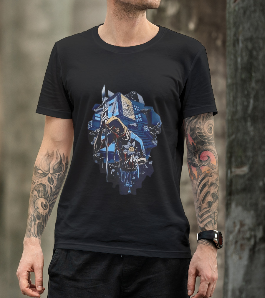 Masked Figure With Spear And Smiling Flower By Mysterious Floating House T-Shirt