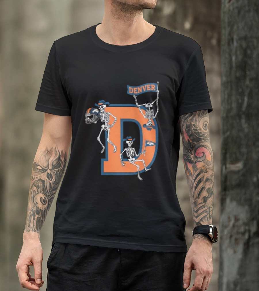 Denver Broncos Skeletons Cowboy Hats Big D Helmet Flag Orange T-Shirt