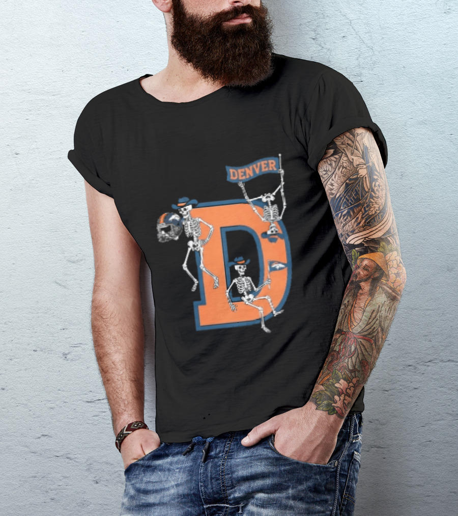 Denver Broncos Skeletons Cowboy Hats Big D Helmet Flag Orange T-Shirt