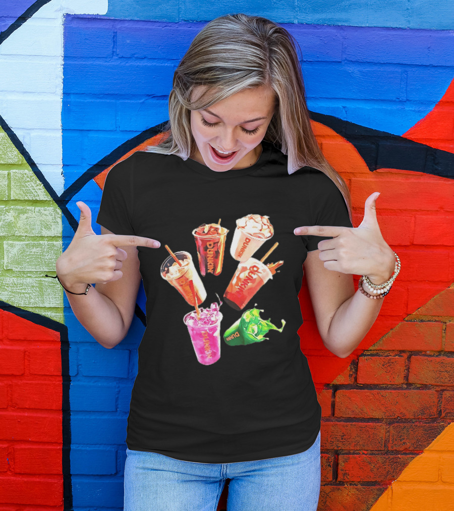 Dunkin Colorful Iced Coffee Beverages Splash With Straws T-Shirt
