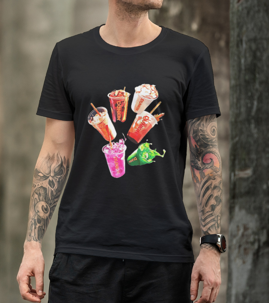 Dunkin Colorful Iced Coffee Beverages Splash With Straws T-Shirt