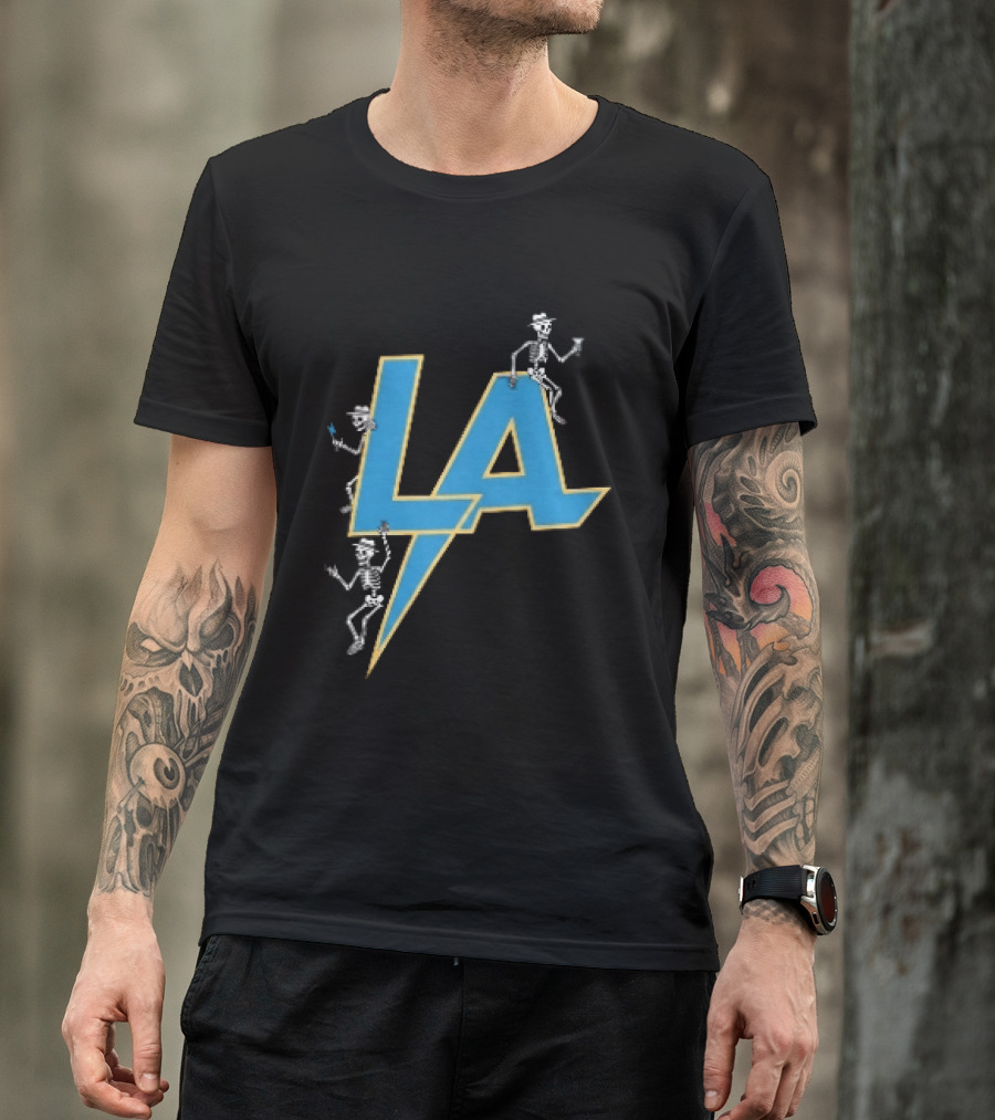 Los Angeles Chargers Skeletons On LA Lettering With Lightning Bolt T-Shirt