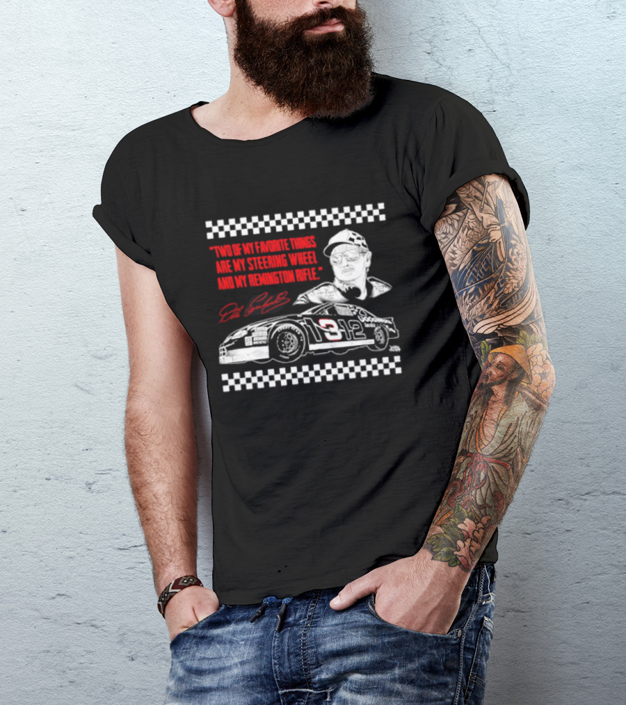 Two Of My Favorite Things Are My Steering Wheel And My Remington Rifle Racing Car 3 Checkered Flag T-Shirt