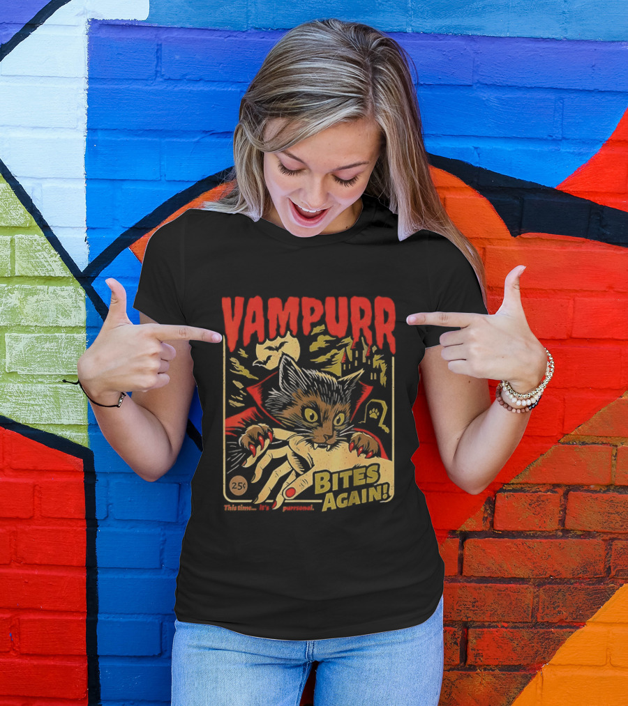 Vampurr Bites Again Vampire Cat Halloween Vintage Spooky Paws T-Shirt