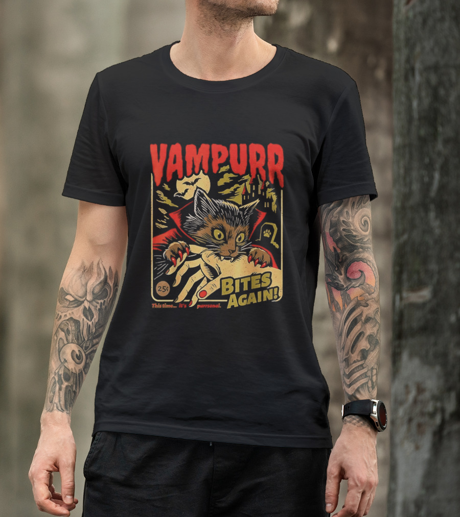 Vampurr Bites Again Vampire Cat Halloween Vintage Spooky Paws T-Shirt