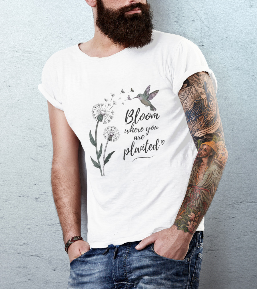 Bloom Where You Are Planted Hummingbird Dandelion Seeds Heart Sketch T-Shirt