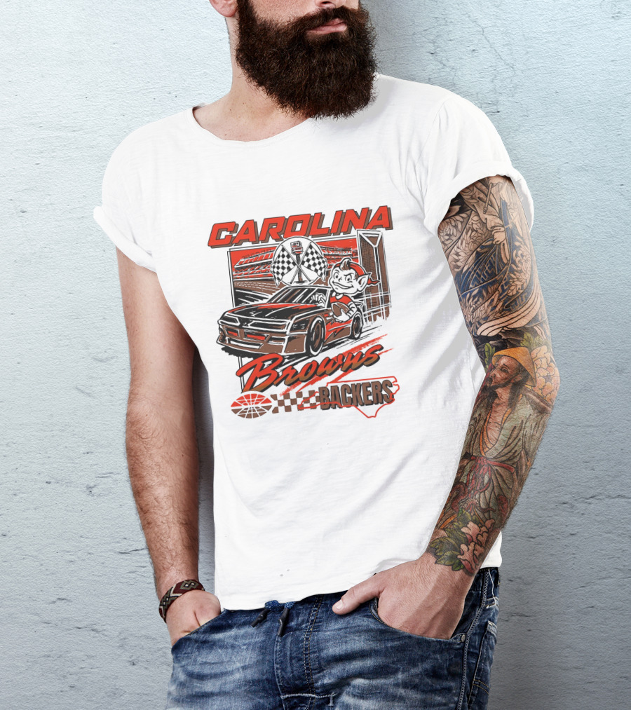 Carolina Browns Backers Racing Stadium Elf Car Checked Flag T-Shirt