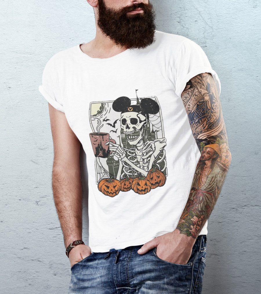 Spooky Skeleton With Coffee Mouse Ears Pumpkins Bats Halloween 2026 T-Shirt