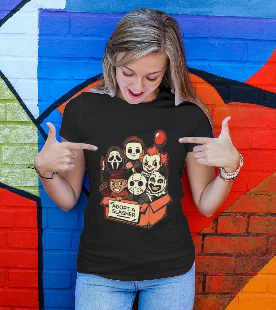 Adopt A Slasher Horror Characters Halloween Box With Iconic Balloon And Masked Monsters T-Shirt