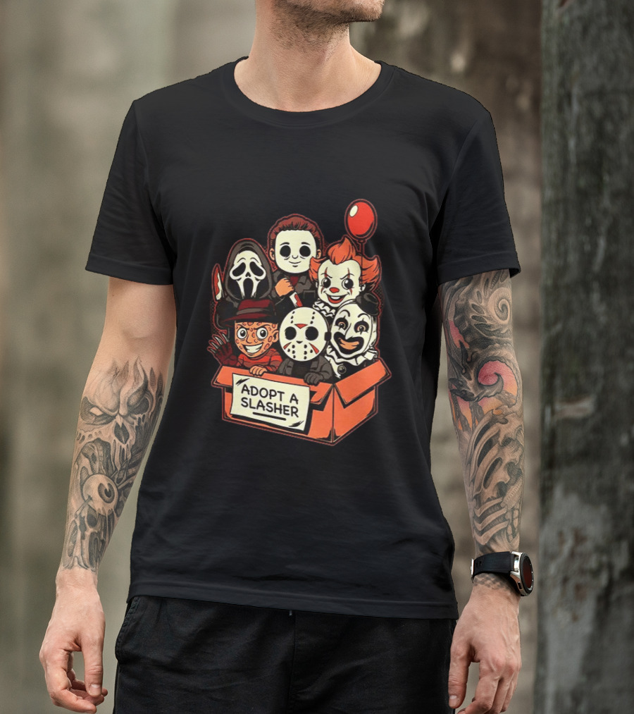 Adopt A Slasher Horror Characters Halloween Box With Iconic Balloon And Masked Monsters T-Shirt