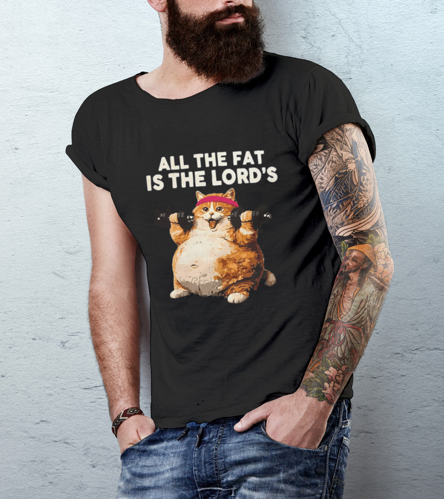 All The Fat Is The Lord's Leviticus 3 16 Orange Tabby Cat Dumbbells T-Shirt