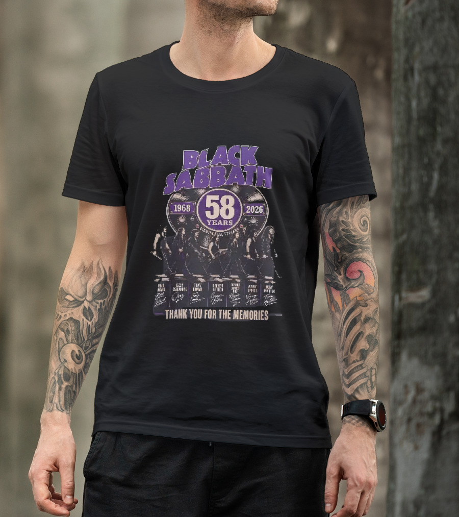 Black Sabbath 58 Years 1968 2026 Birmingham England Thank You For The Memories Ozzy Osbourne Tony Iommi Geezer Butler Bill Ward T-Shirt