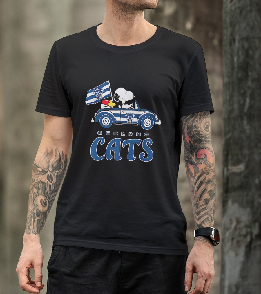 Geelong Cats Snoopy Woodstock Driving With Flag T-Shirt