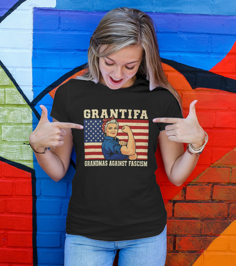 Grantifa Grandmas Against Fascism Rosie Riveter USA Flag T-Shirt