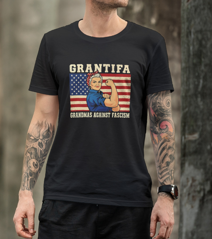 Grantifa Grandmas Against Fascism Rosie Riveter USA Flag T-Shirt