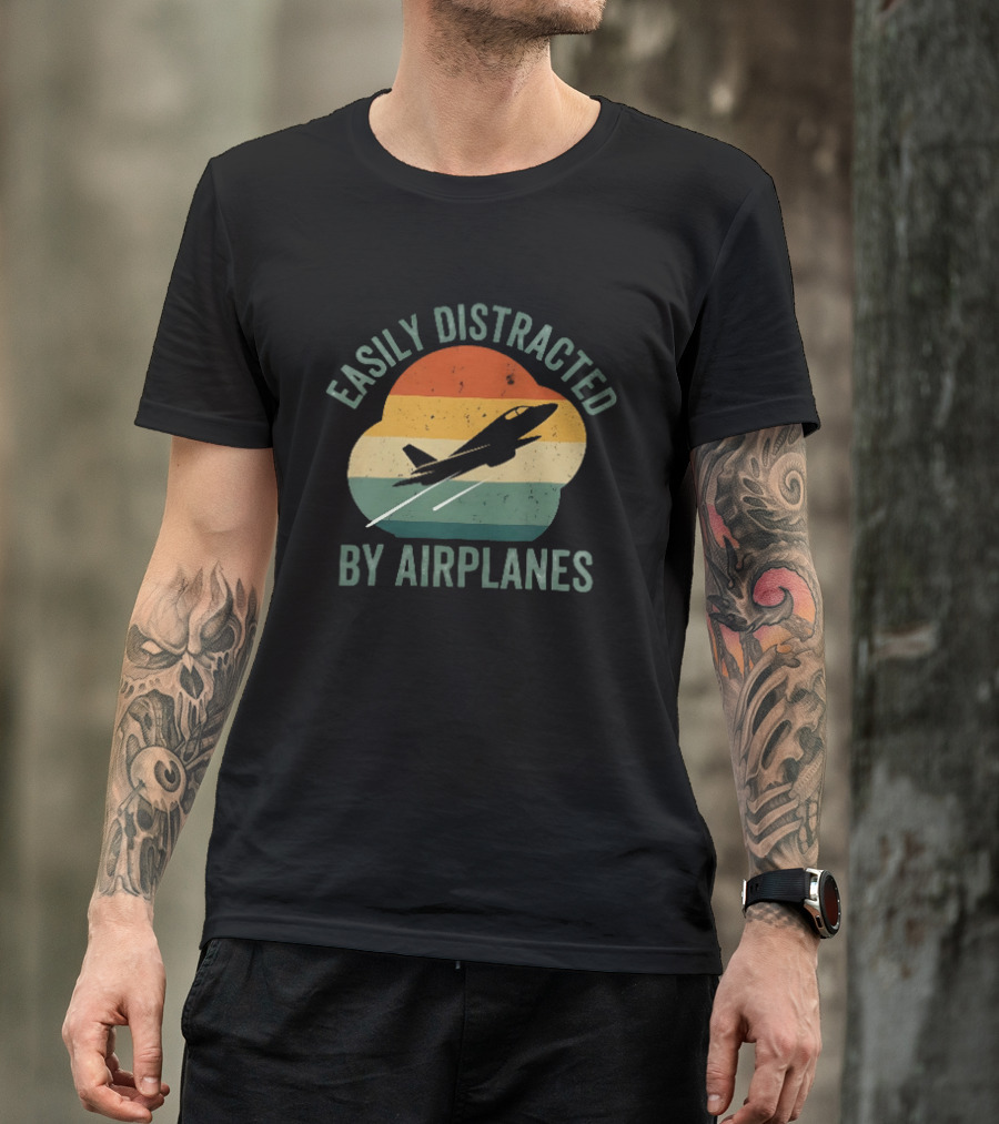 Easily Distracted By Airplanes Retro Jet Vintage Stripes T-Shirt