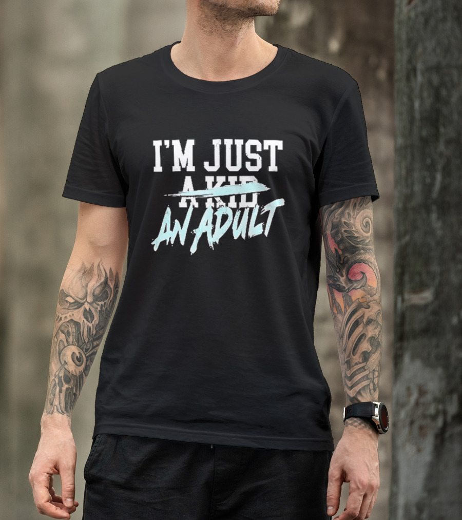 I'm Just A Kid An Adult Distressed Block Blue Paint Brush T-Shirt