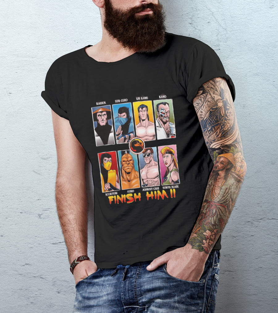 Raiden Sub Zero Liu Kang Kano Scorpion Goro Johnny Cage Sonya Blade Finish Him Mortal Kombat T-Shirt