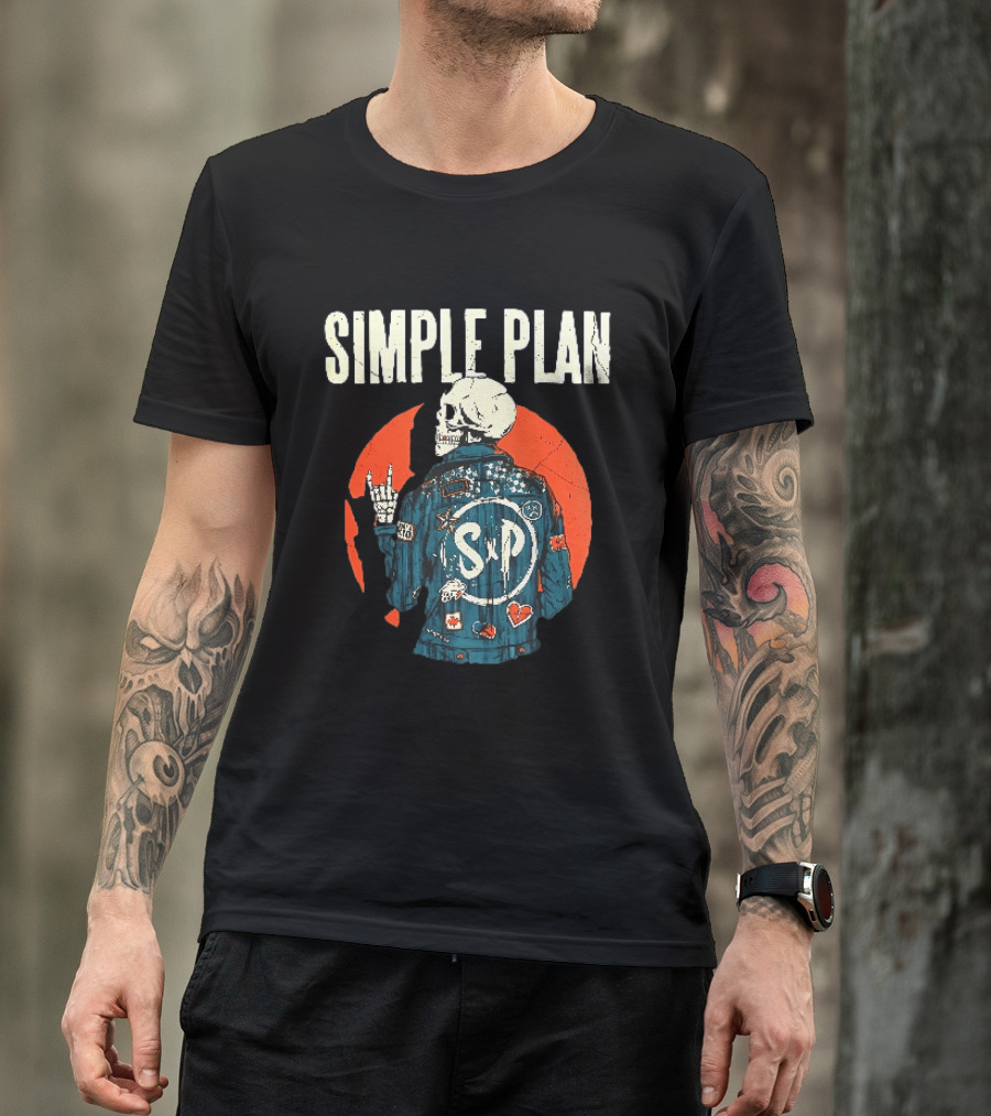 Simple Plan Just A Kid 1999 Skeleton Rock Sign SP Denim Jacket Distressed T-Shirt