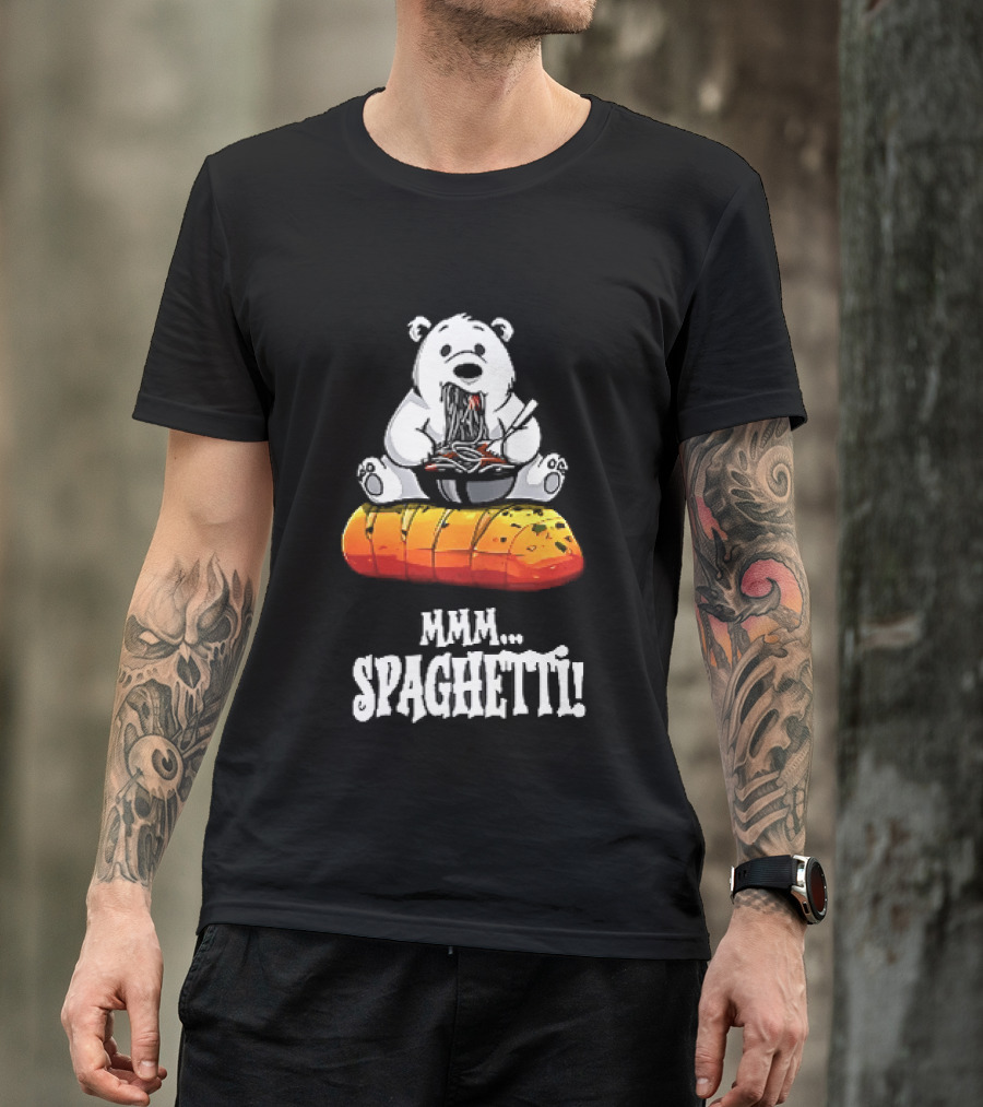 Mmm Spaghetti Cartoon Polar Bear Enjoying Pasta On Garlic Bread T-Shirt