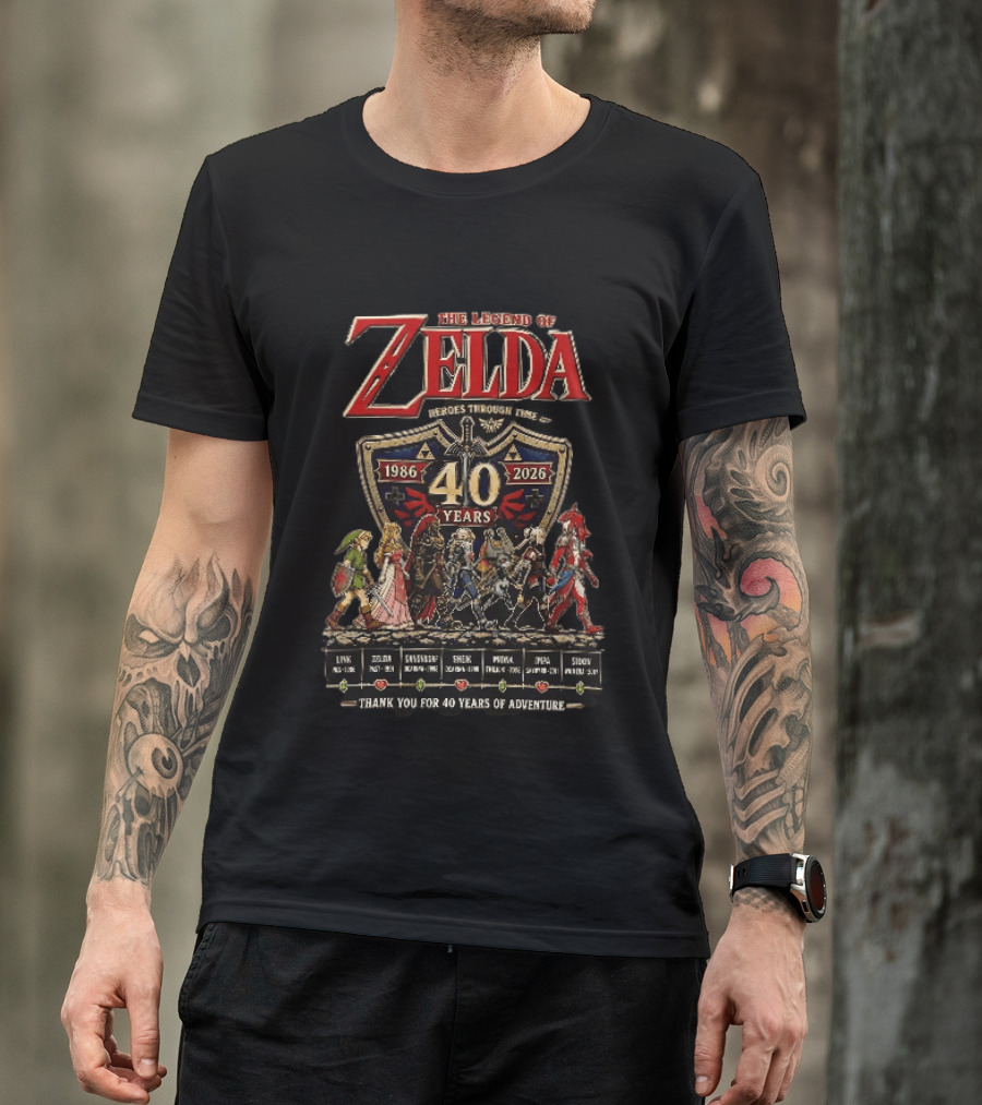 The Legend Of Zelda Heroes Through Time 1986 2026 40 Years Thank You For 40 Years Of Adventure Link Zelda Ganondorf Sheik Midna Impa Sidon T-Shirt