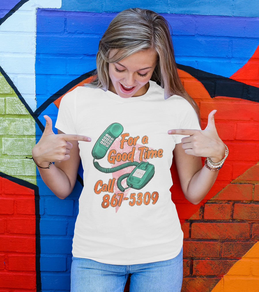 For A Good Time Call 867 5309 Teal Telephone Pink Triangle T-Shirt